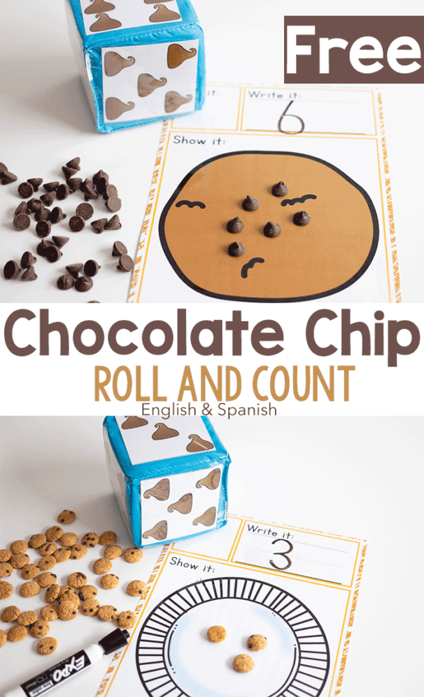 learn numbers with preschoolers using this free printable roll and count dice game for preschool math centers. kids love counting the chocolate chips!
