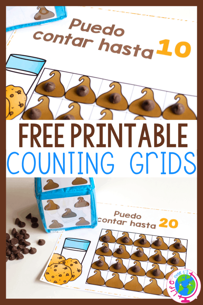 free printable counting games for counting to 10, 20 and 100 in english and spanish. perfect for bilingual preschool and kindergarten classrooms. a fun chocolate chip theme makes math exciting!