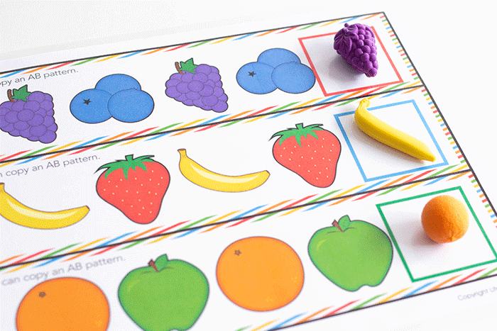 fruit patterns for kindergarten math centers. continue an ab pattern by adding the correct fruit math counter to the end of the fruit pattern.