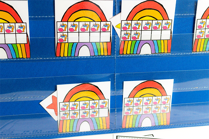 count to ten unicorn and rainbow counting game for kindergarten math centers.