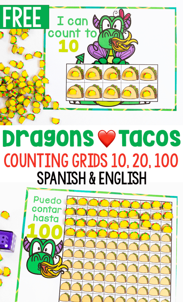 free printable preschool counting activity for the book dragons love tacos. count to 10, 20 and 100 in spanish and english
