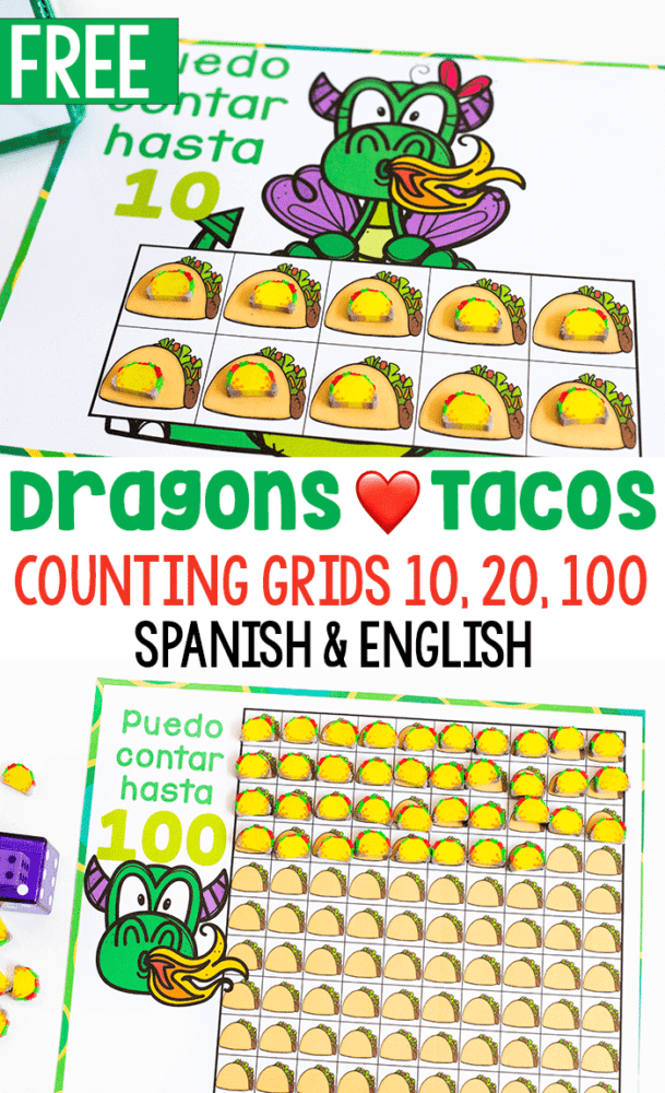 preschool taco counting activity. printable counting grids for taco mini erasers in spanish and english