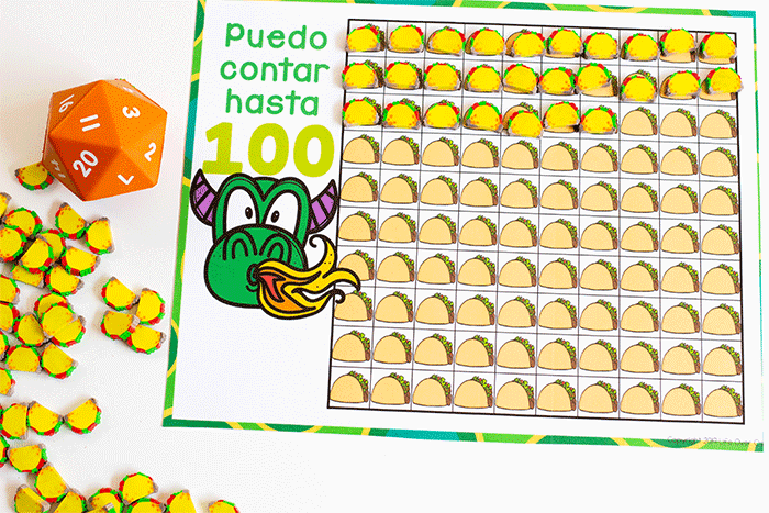 puedo contar hasta 100 with this hundred chart for taco mini erasers to use in preschool math centers.