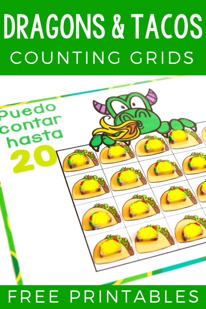 free printable counting grids that go perfectly with the children's book "dragons love tacos". count to 10, 20 and 100 with taco mini erasers and a fun dragon theme.