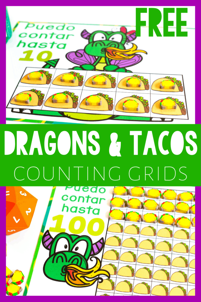 free printable counting grids that go perfectly with the children's book "dragons love tacos". count to 10, 20 and 100 with taco mini erasers and a fun dragon theme.