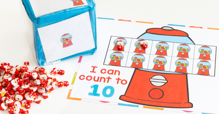 Free printable bubblegum counting grids for preschool counting activity. I can count to 10. I can count to 20 with grids of bubblegum machines to count mini erasers.