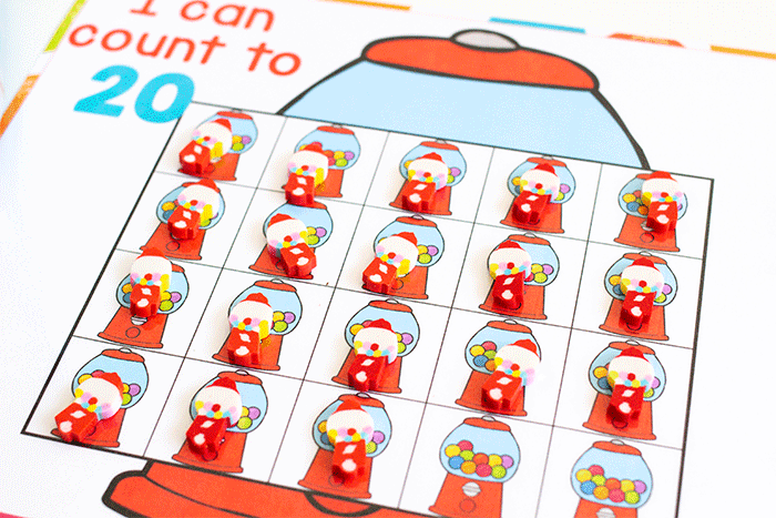 free printable bubblegum counting grids for preschool counting activity. i can count to 20 with grids of bubblegum machines to count mini erasers.