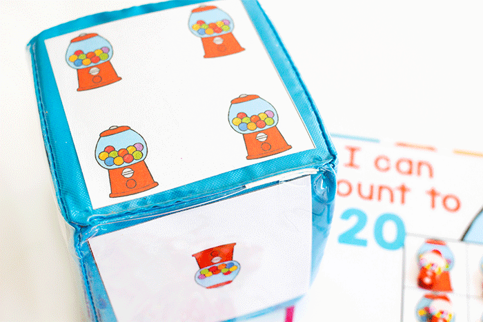 differentiated instruction cube with bubblegum inserts to create a dice for bubblegum mini eraser counting grids for preschool.