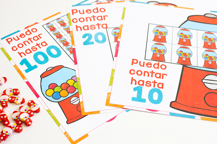 free printable spanish bubblegum counting grids for preschool counting activity. i can count to 10. i can count to 20 with grids of bubblegum machines to count mini erasers.