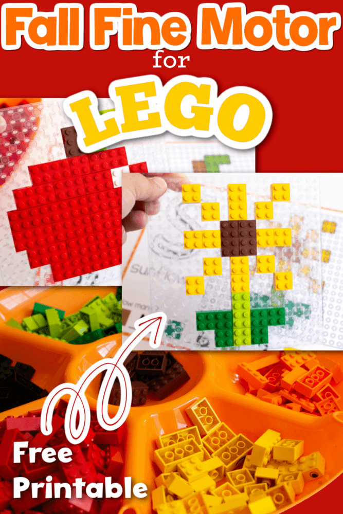 fine motor mats for lego free printable fall theme shows a lego apple and a lego sunflower on a clear brick baseplate