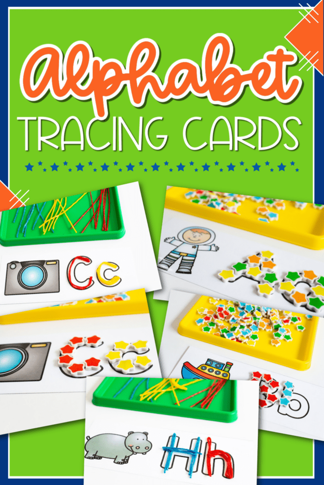 free printable alphabet tracing cards for preschool shown with star mini erasers and wikki stix