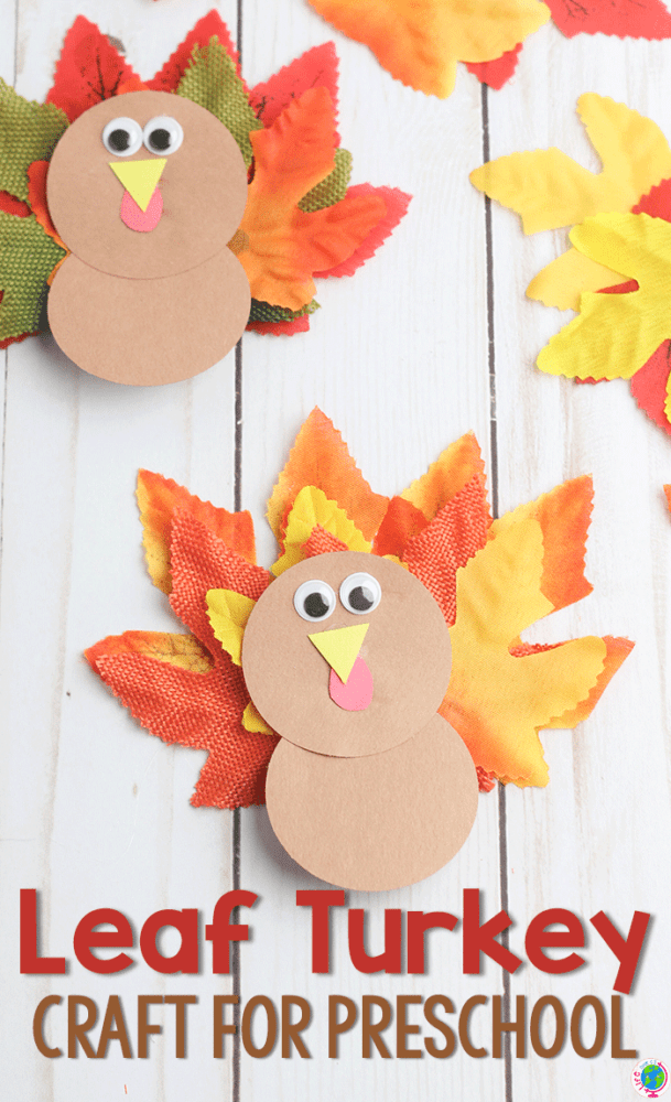 create a thanksgiving turkey craft for preschoolers with some fall leaves and a few construction paper circles.