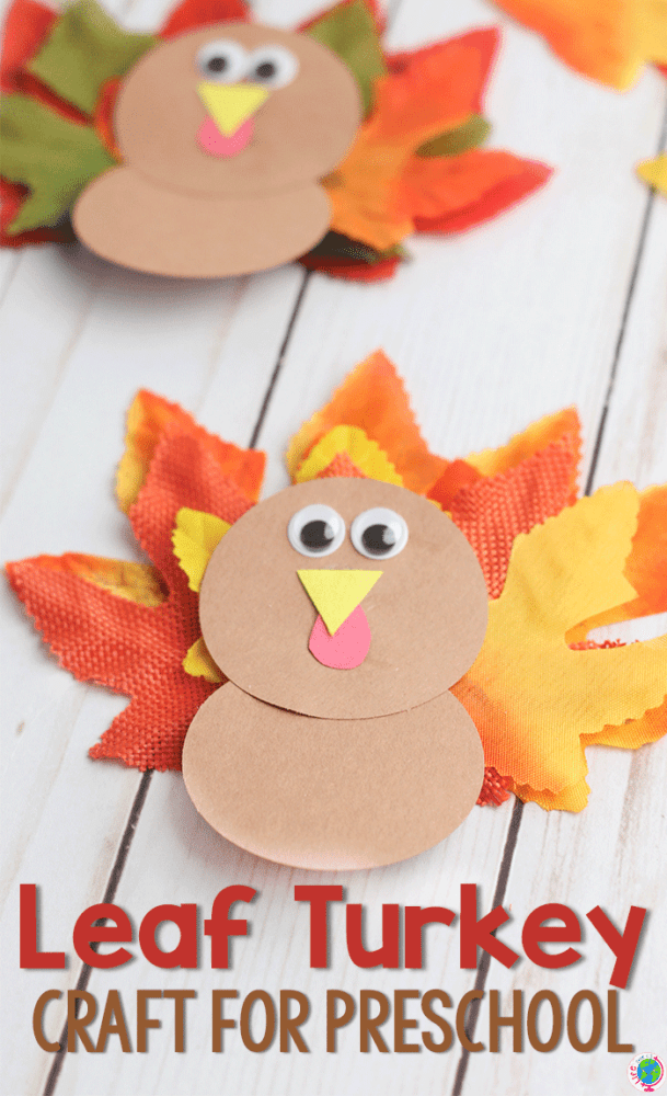 create a thanksgiving turkey craft for preschoolers with some fall leaves and a few construction paper circles.