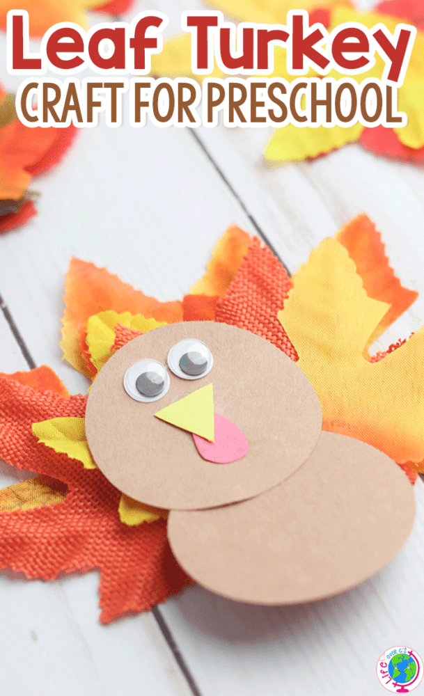 create a thanksgiving turkey craft for preschoolers with some fall leaves and a few construction paper circles.