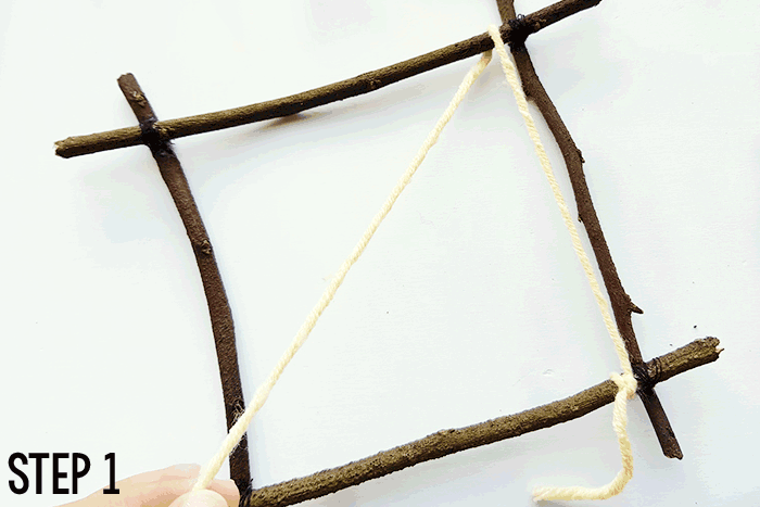 create a diy weaving loom with 4 sticks and some superglue to create a woven tapestry craft for pre-teens.