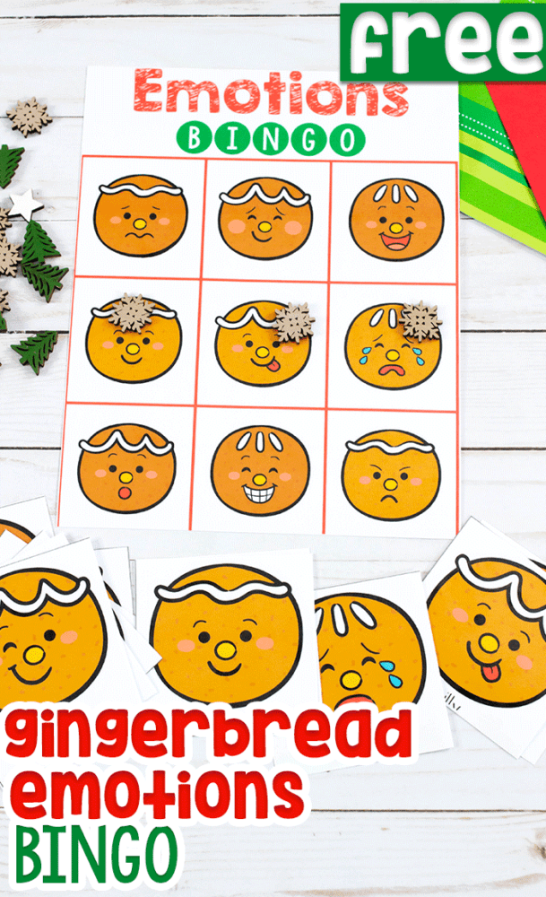 free emotions bingo game for preschoolers in a fun gingerbread theme for christmas