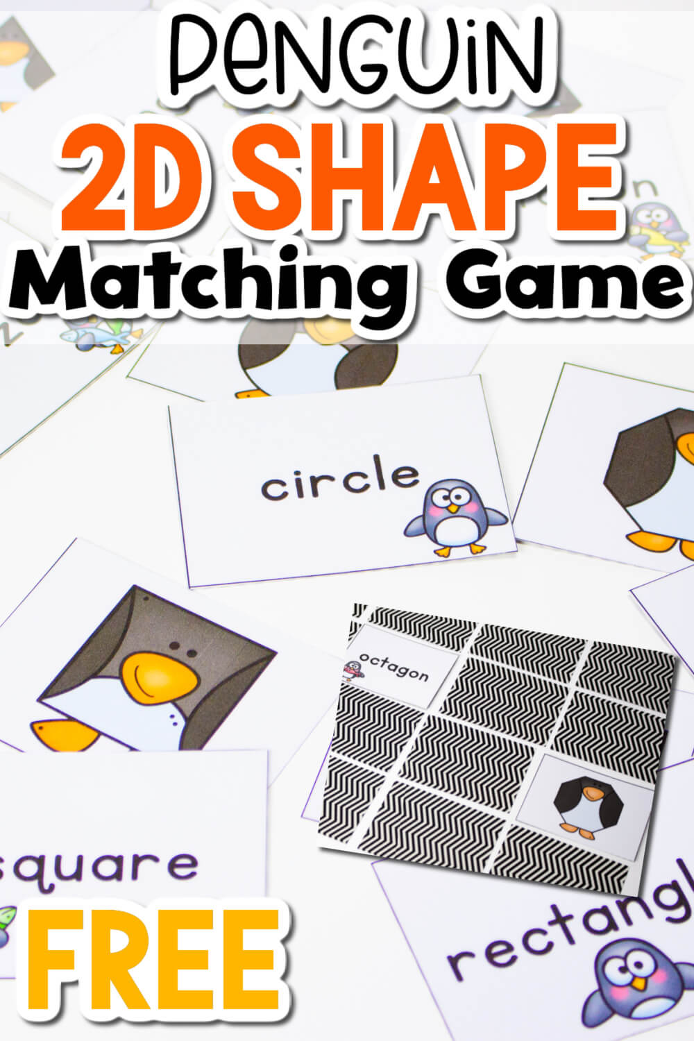 vertical image with close up photo of penguin theme 2d matching game for kindergarten math small groups