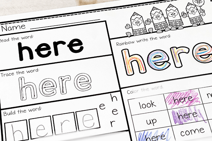 pre k sight words worksheets