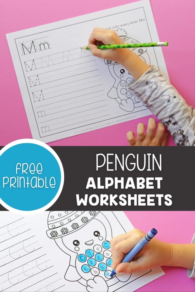 photos showing a child completing a free printable penguin alphabet worksheet.