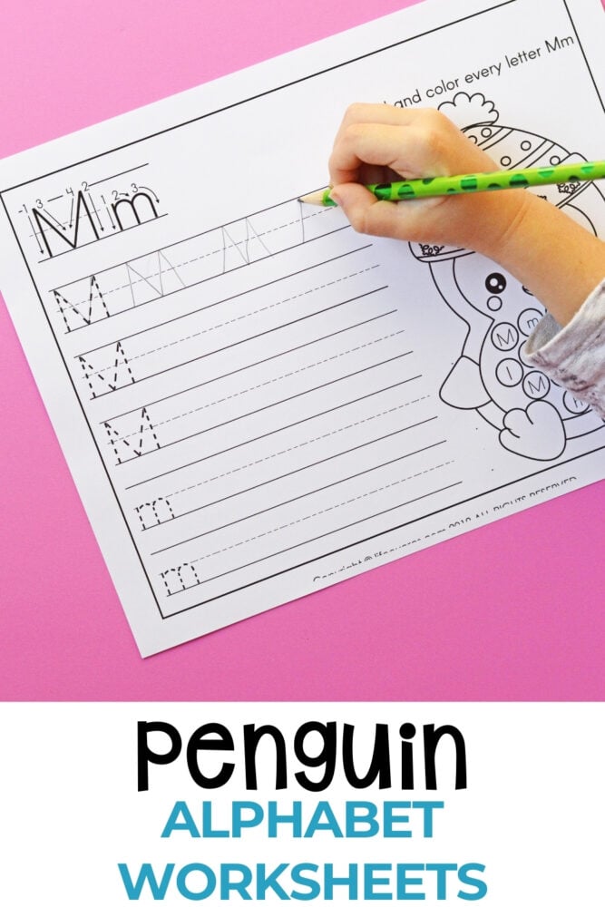 penguin theme alphabet worksheet for the letter m.