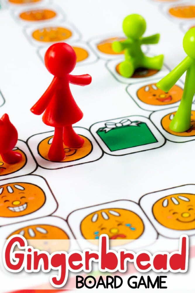 close up image of a gingerbread emotions board game with plastic people figures as game markers.