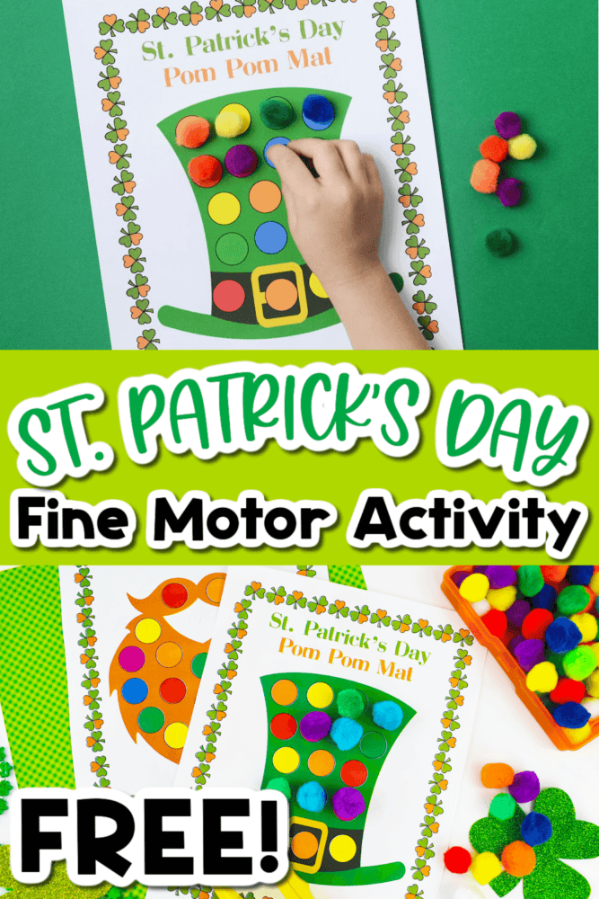 st. patrick's day fine motor activity with child placing colored pom poms onto matching colored circles