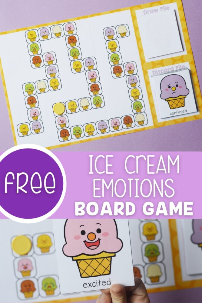 photo collage of an ice cream emotions board game for kids.
