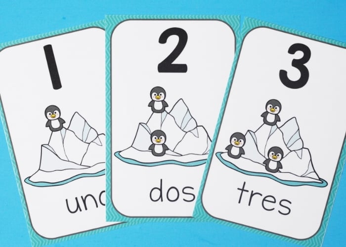 the winter theme number posters for the numbers 1, 2 and 3 in spanish.