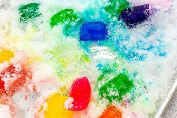Rainbow Snow and Ice Cube Sensory Bin for Winter