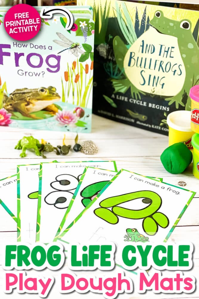 photo of array of frog life cycle play dough mats and two frog life cycle books
