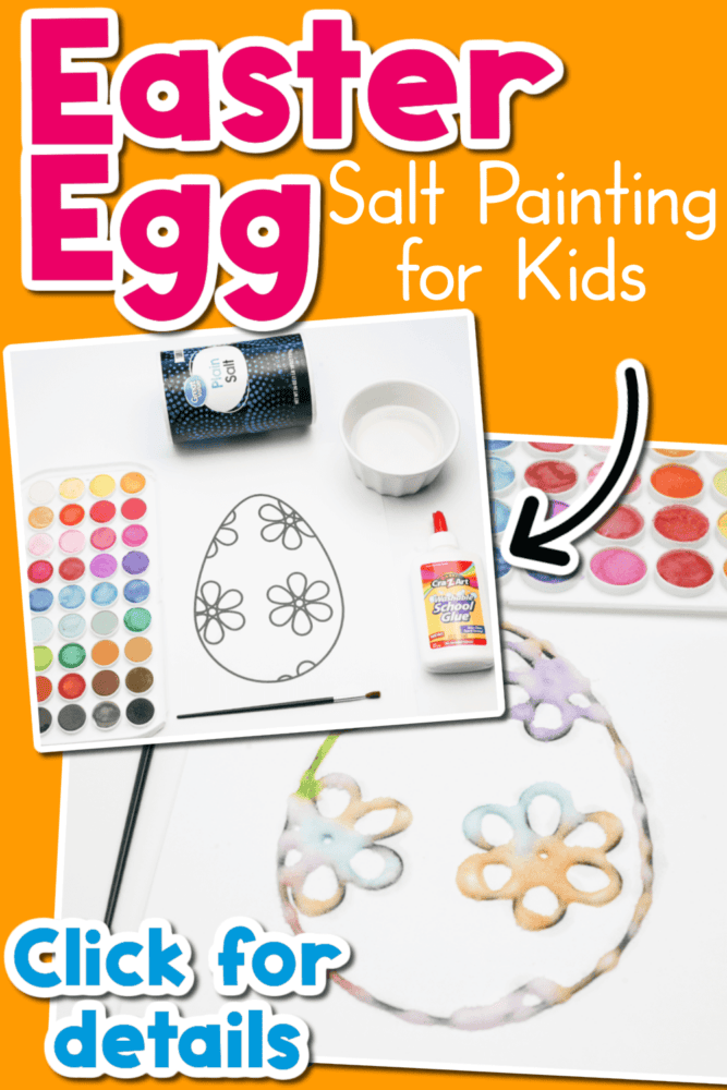 collage of two photos of an easter egg salt painting activity photo one shows easter salt painting materials: watercolors, salt, glue, paintbrush and easter egg template photo two shows completed watercolor salt painting