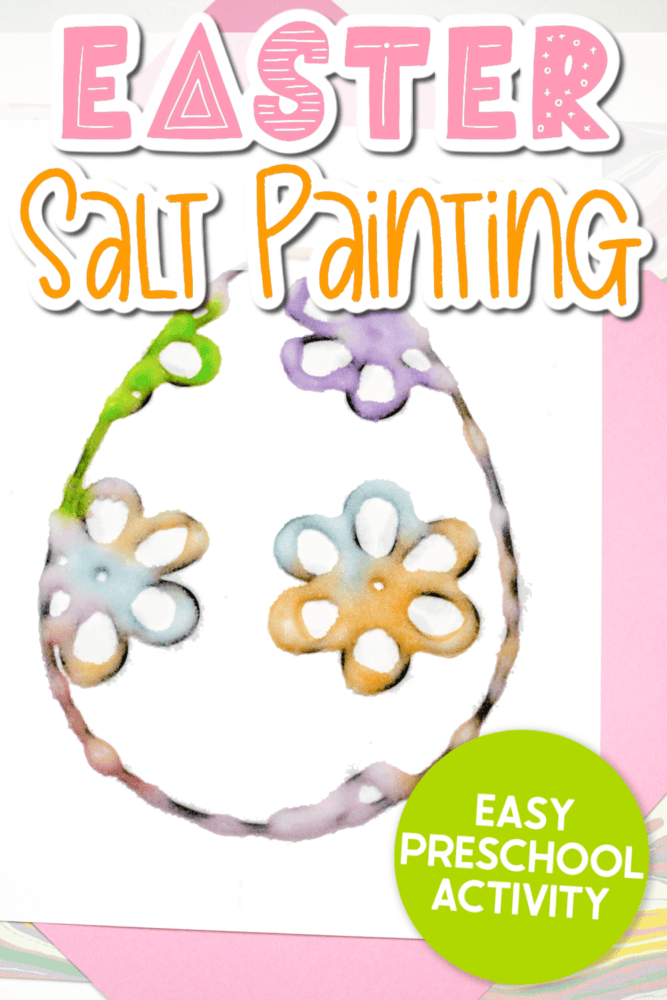 vertical photo of completed easter egg salt painting art activity on an easter egg template