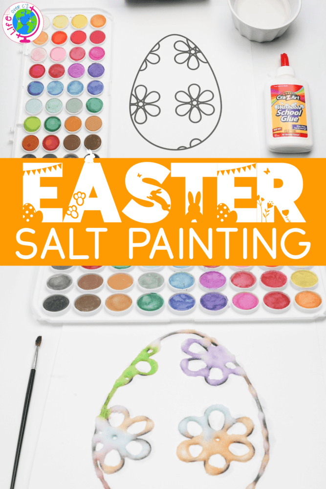 Easy Easter Egg Salt Painting for Kids 6 vertical image with two photos of easter salt painting photo one: materials for the easter salt painting photo two: completed salt painting