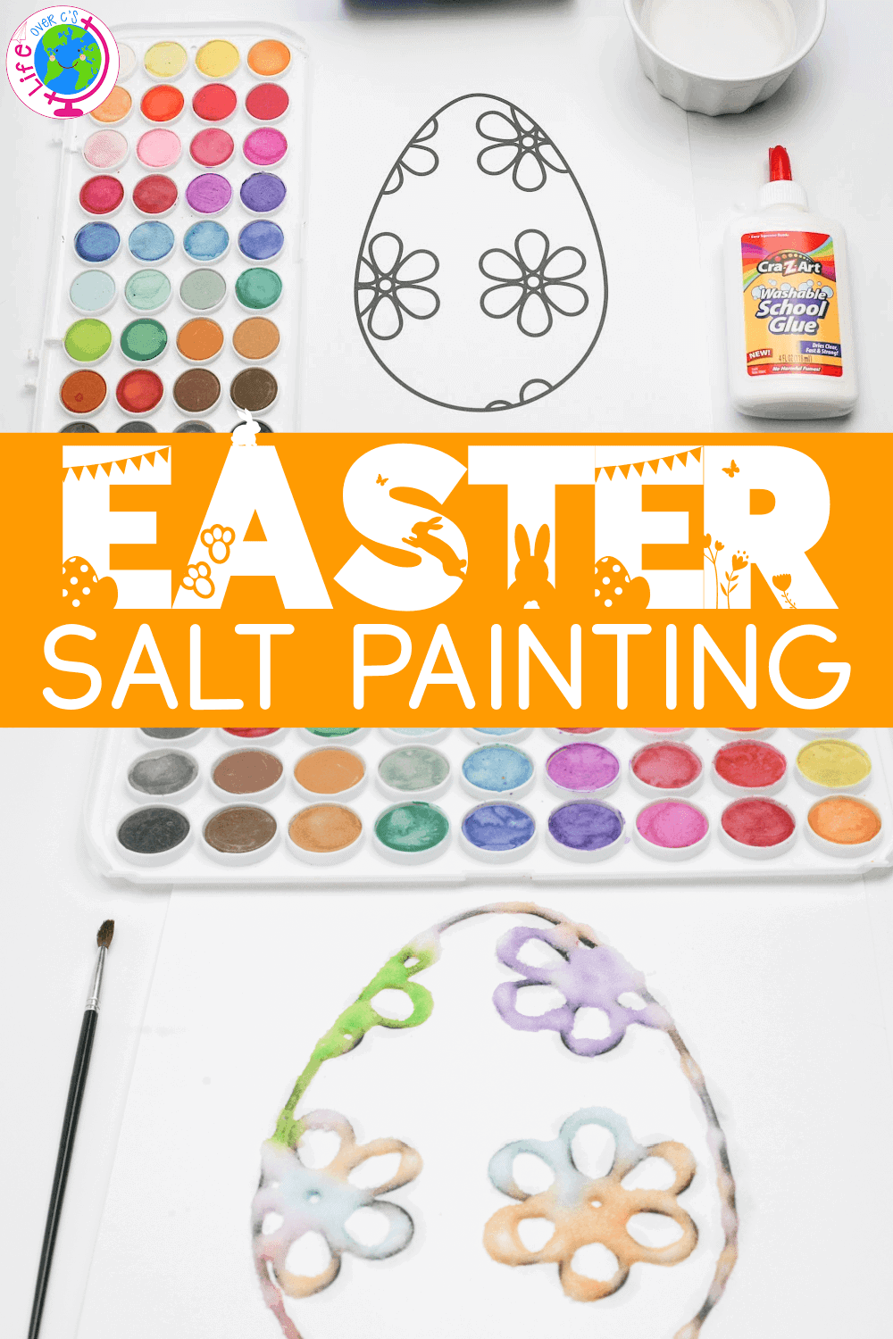 Easy Easter Egg Salt Painting for Kids 11 vertical image with two photos of easter salt painting photo one: materials for the easter salt painting photo two: completed salt painting