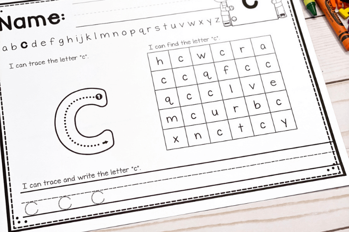 overhead view of the lowercase alphabet worksheet for the letter "c".