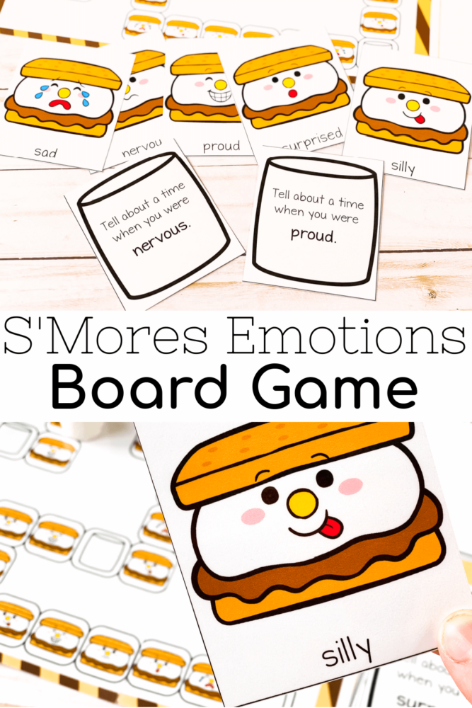 photo collage of a smores-themed emotions board game.