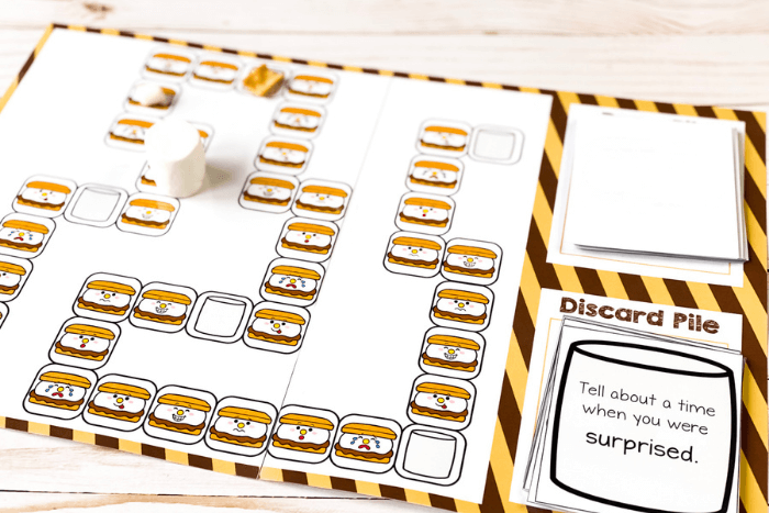 overhead view of the up close picture of a child holding the card for the emotion "silly" from the s'mores theme emotions preschool board game..