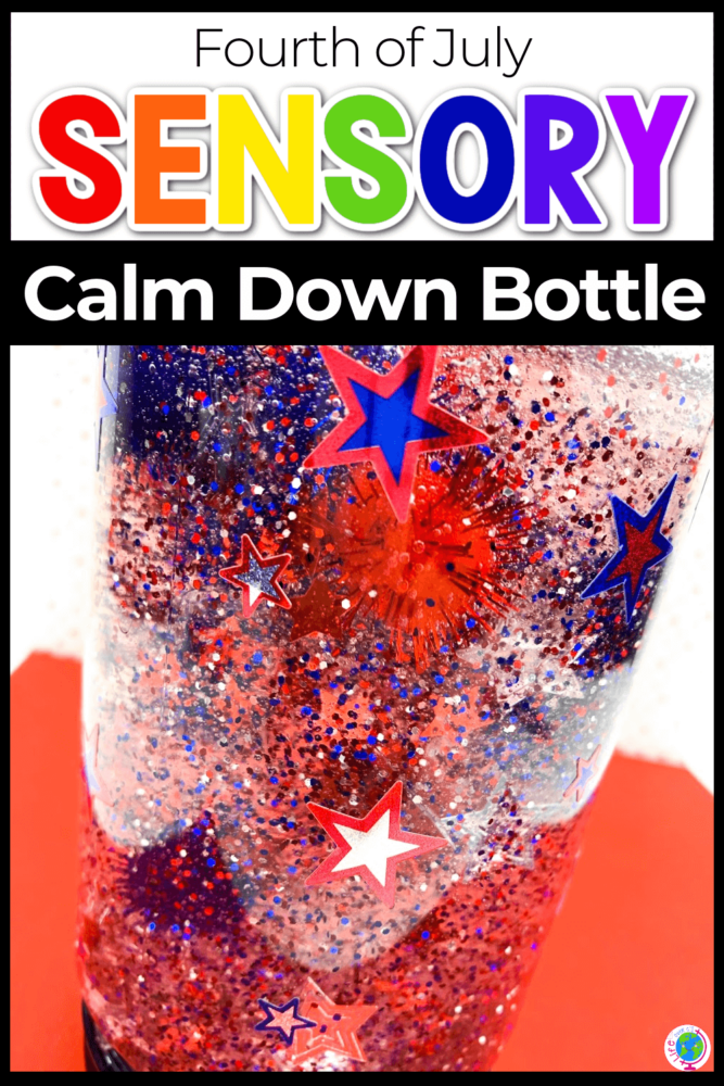 a calm down bottle made with red, white, and blue glitter for the 4th of july.