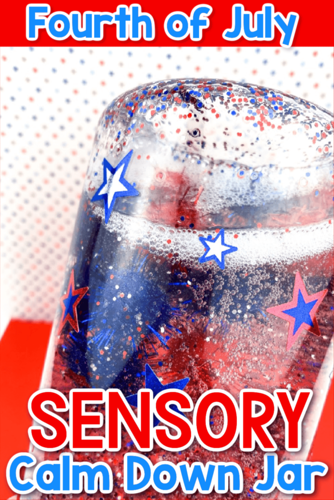 a sensory bottle full of red, white, and blue glitter and confetti stars.