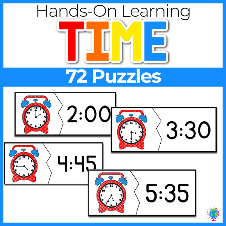 72 time related puzzles for learning time to the hour, half hour, quarter, and minute.
