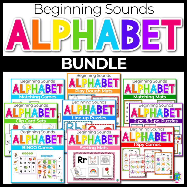 collage showing the different themes and activities included in the beginning sounds bundle.