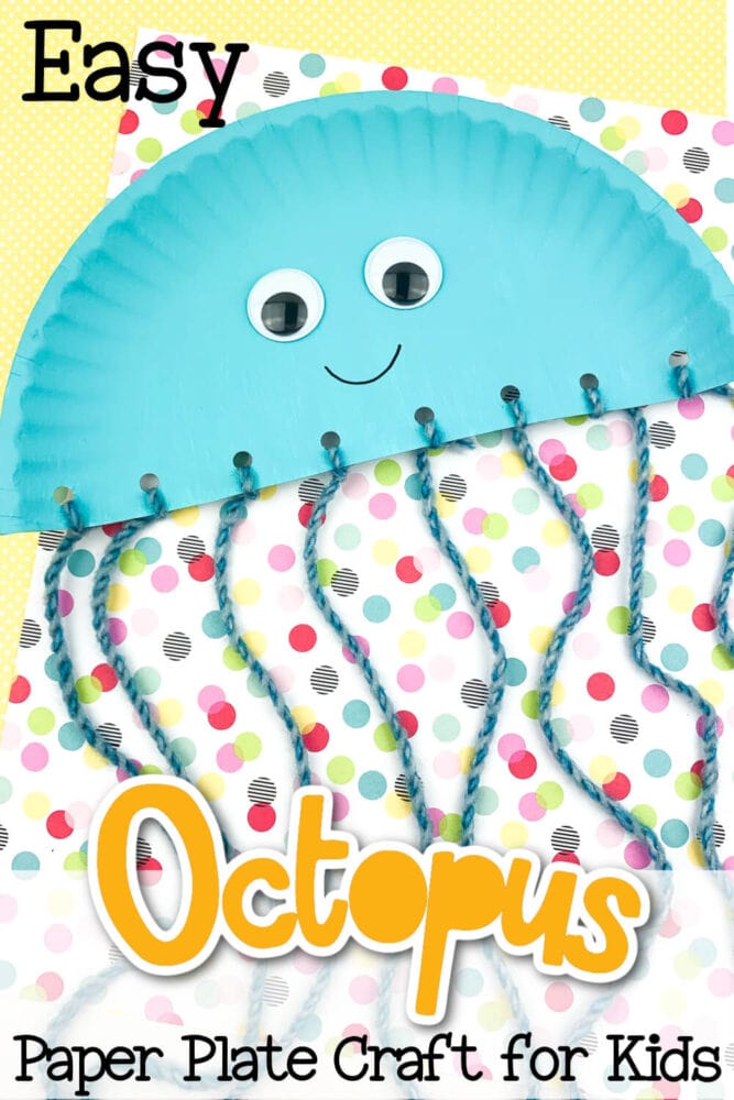 an octopus craft made out of a blue painted paper plate.