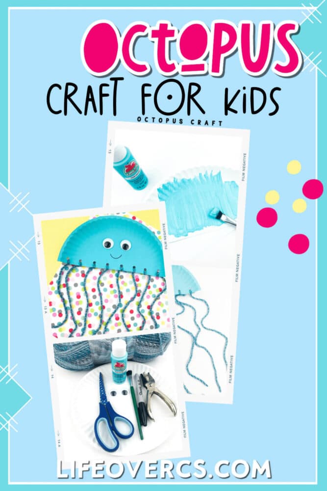 photo collage showing how to make a paper plate octupus craft.