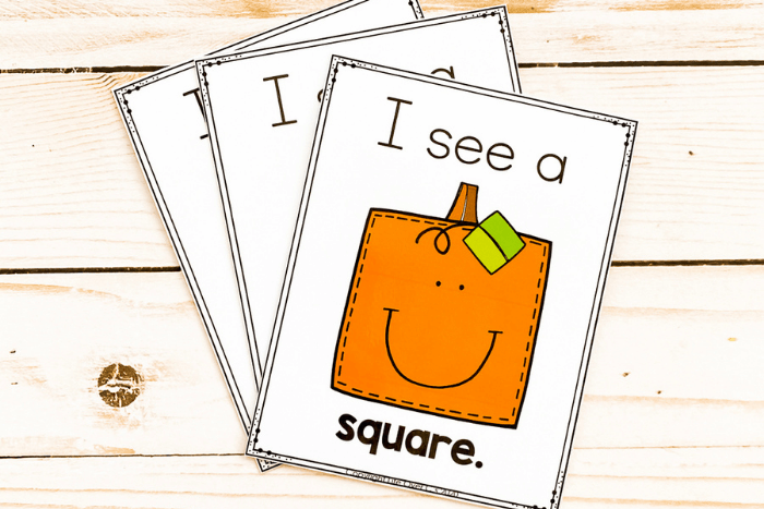 pumpkin shape card text on card says [i see a square] clip art picture of a square pumpkin with a smiley face