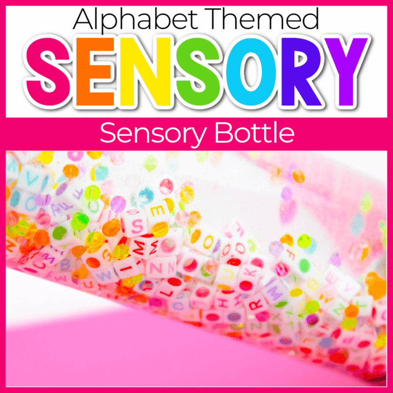 alphabet i spy sensory bottle for preschoolers. practice letter identification with your preschoolers using this easy diy sensory bottle.