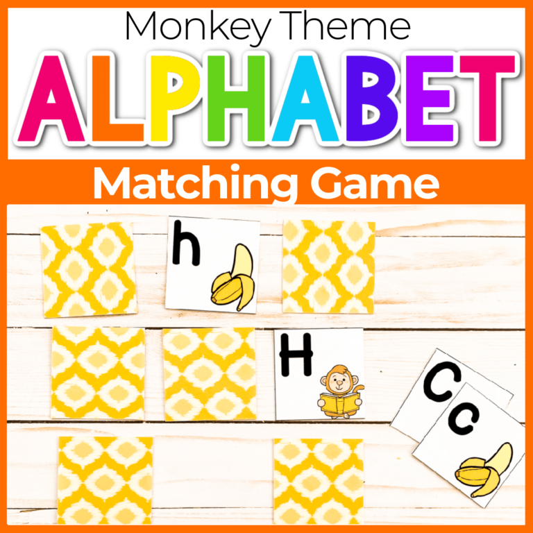 overhead view of a monkey and banana themed alphabet matching game.