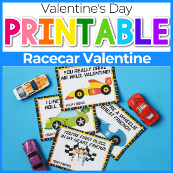 printed race car valentine cards next to toy cars.