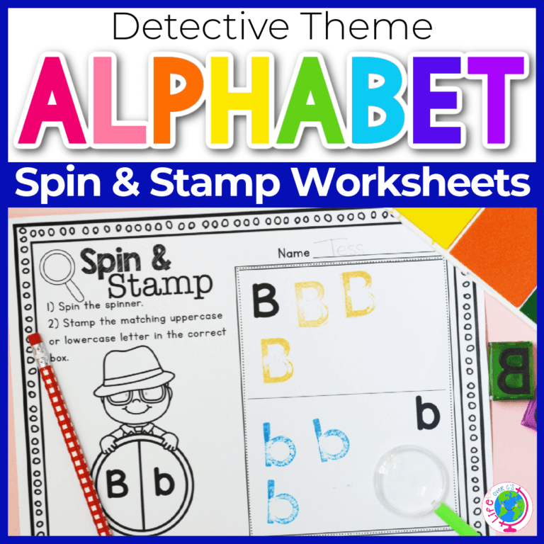 spin and stamp alphabet worksheet with a detective theme.