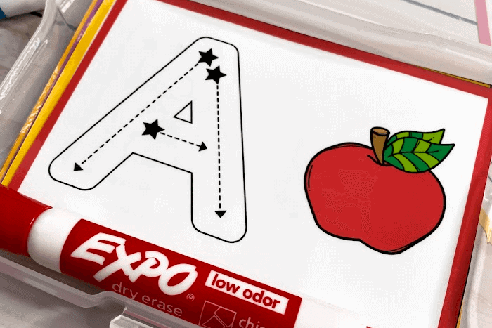 Closeup of the tracing card for the letter A from the Alphabet Tracing Cards activity.