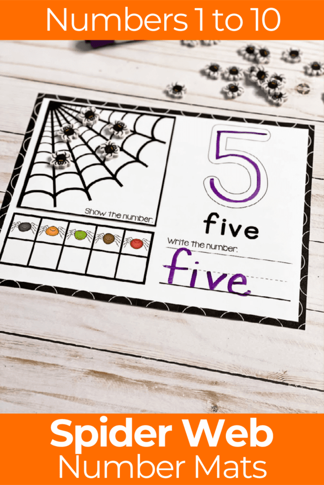 free printable spider web number mats for counting to 10 in english and spanish. number mat shows the number 5 in a tracing font, the word 'five' below with a space to write the number. ten-frame with spiders to demonstrate the number and spider web picture for children to independently show the number.